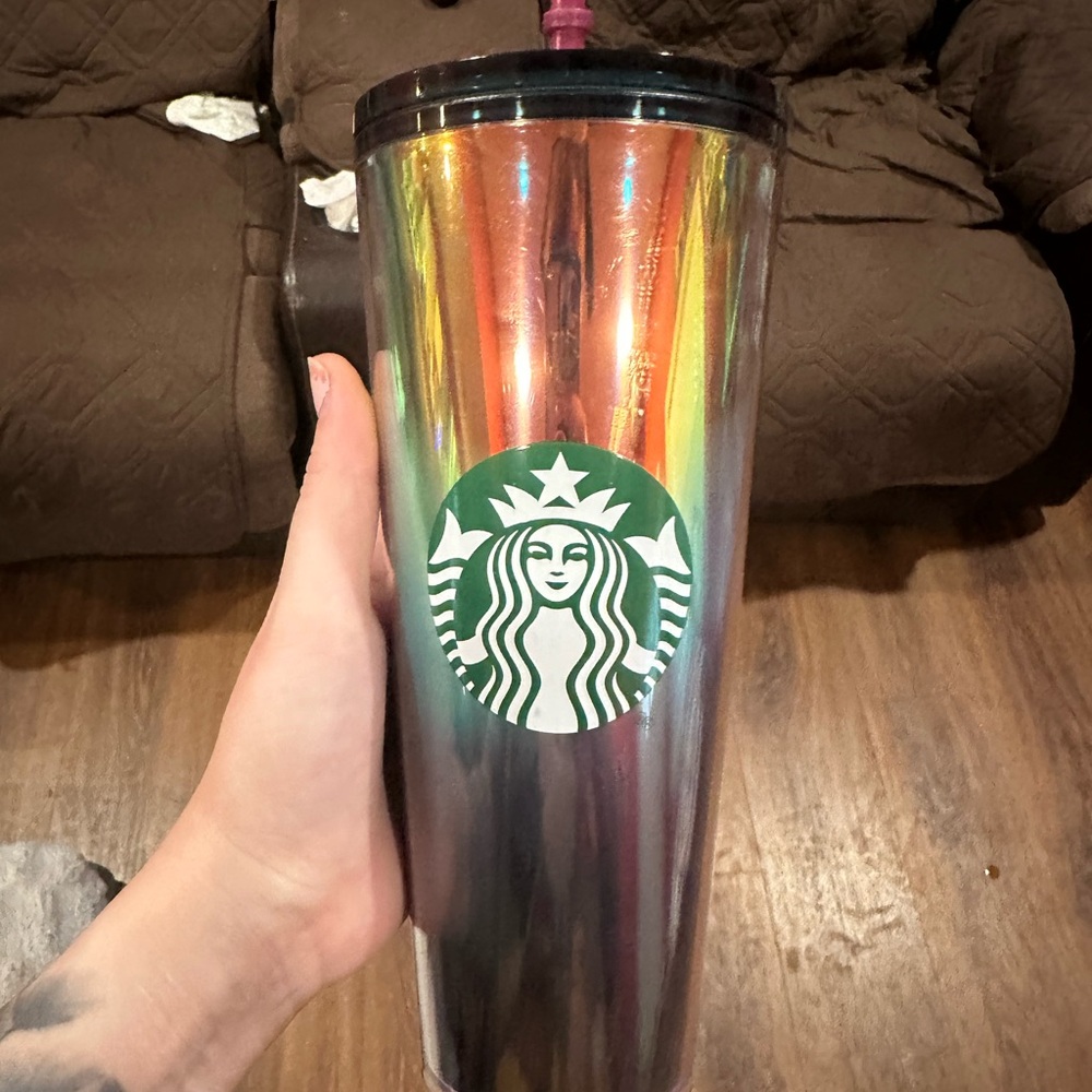 Starbucks dark colored oil slick Tumbler with Green Logo